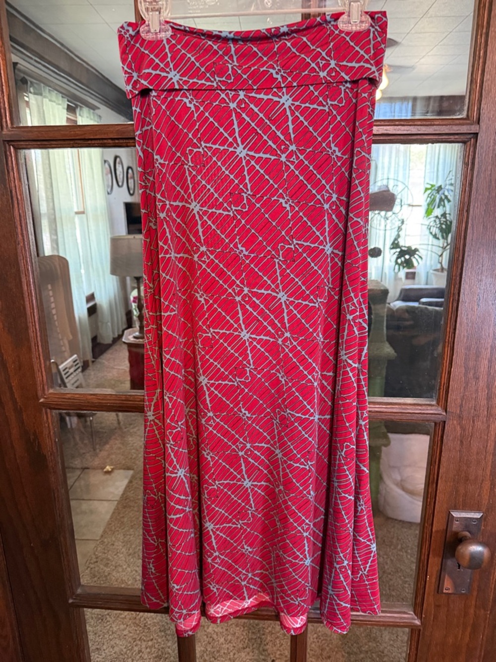 LuLaRoe Lola Maxi Skirt Red Grey Geometric Web Print Stretch Small S